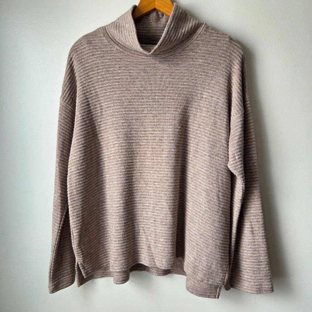 EUC KAREN KANE OAT VERTICAL RIBBED MOCKNECK SWEATER TOP SIZE LARGE WOMENS